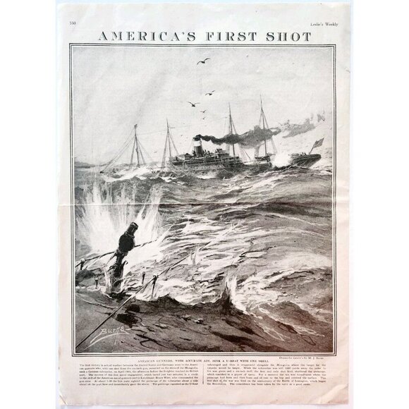 1917 WW1 Burns Art American Gunner Sinking German U Boat Leslie's Weekly DWII30 - Picture 2 of 2